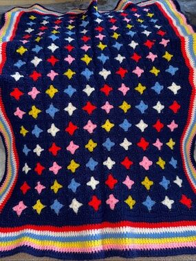 Hand Crafted Navy Multicolor Star Crochet Throw lap Blanket
